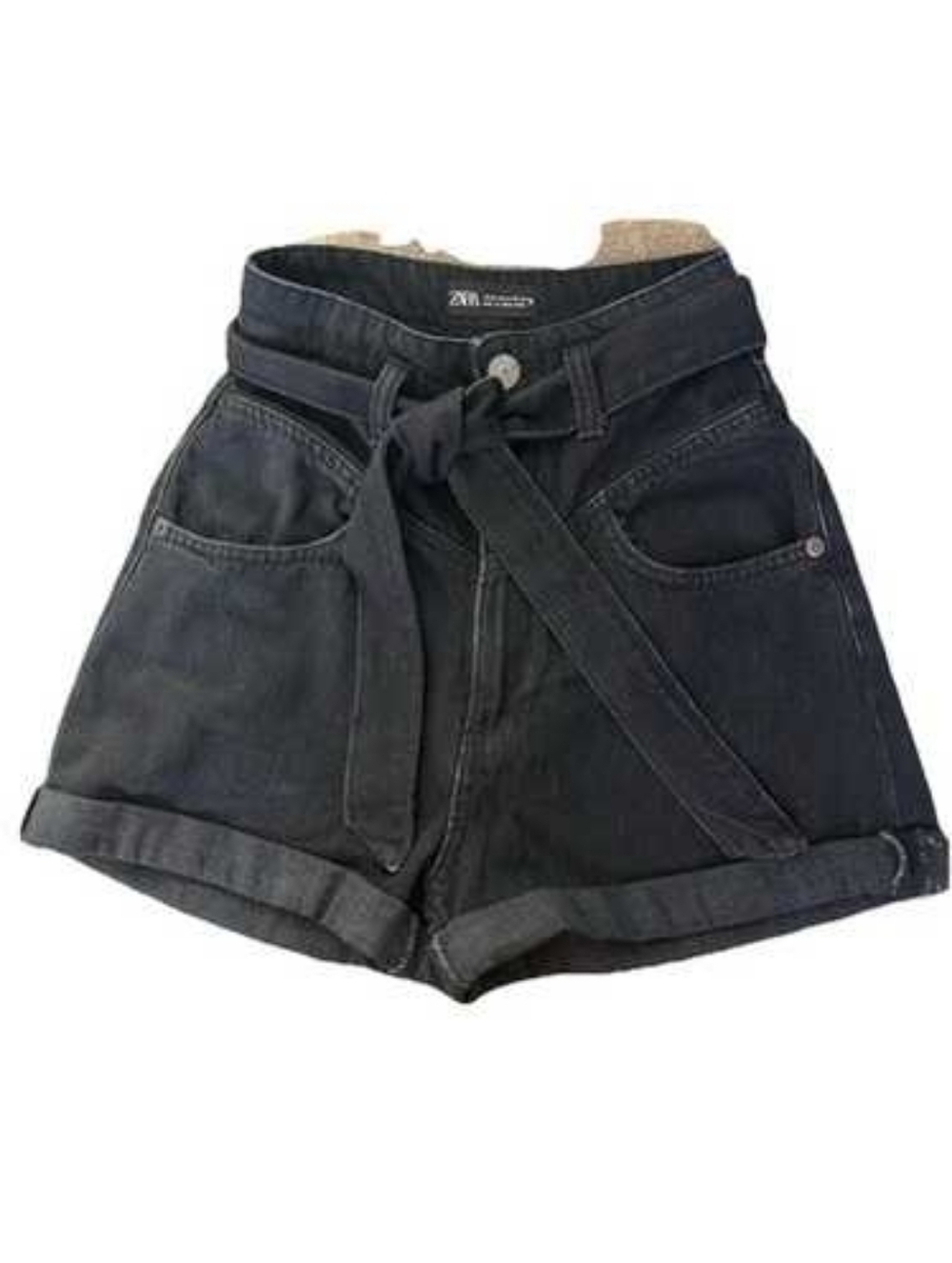 Zara Black High-Waist Paperbag Denim Shorts with Tie Belt